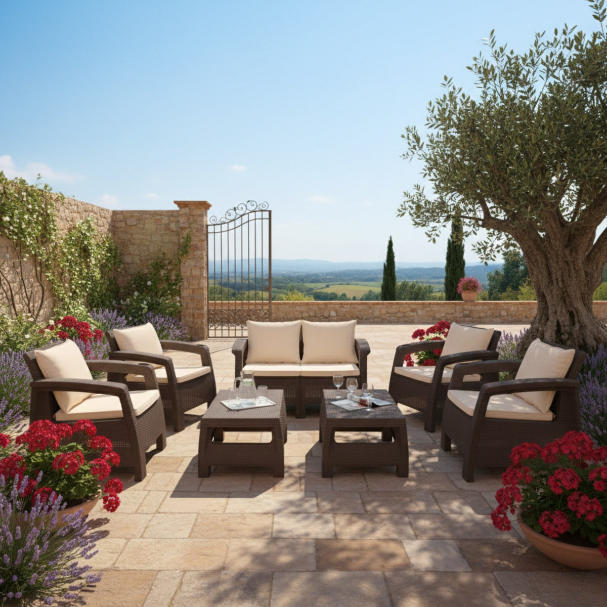 Marcolo Brown Rattan Outdoor Loveseat with Cream Seating Cushions