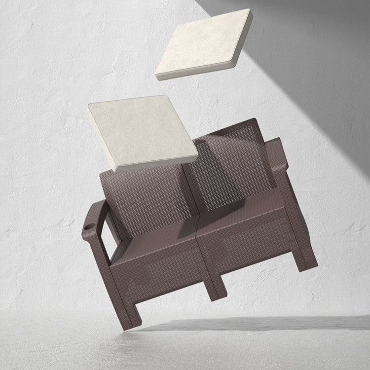 4-Seater Outdoor Sofa Set – Dark Brown Plastic Chairs with Beige Seat Cushions & Coffee Table, Weather-Resistant Patio & Garden Furniture with Built-In Cup Holders