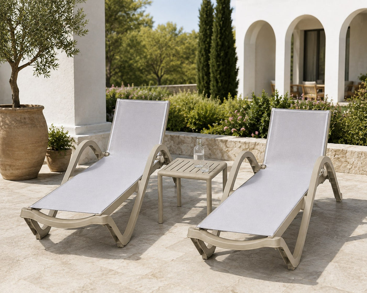 Java Fiberglass Sun Lounger – Beige, pair with side table on a terrace