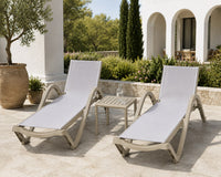 Java Fiberglass Sun Lounger – Beige, pair with side table on a terrace