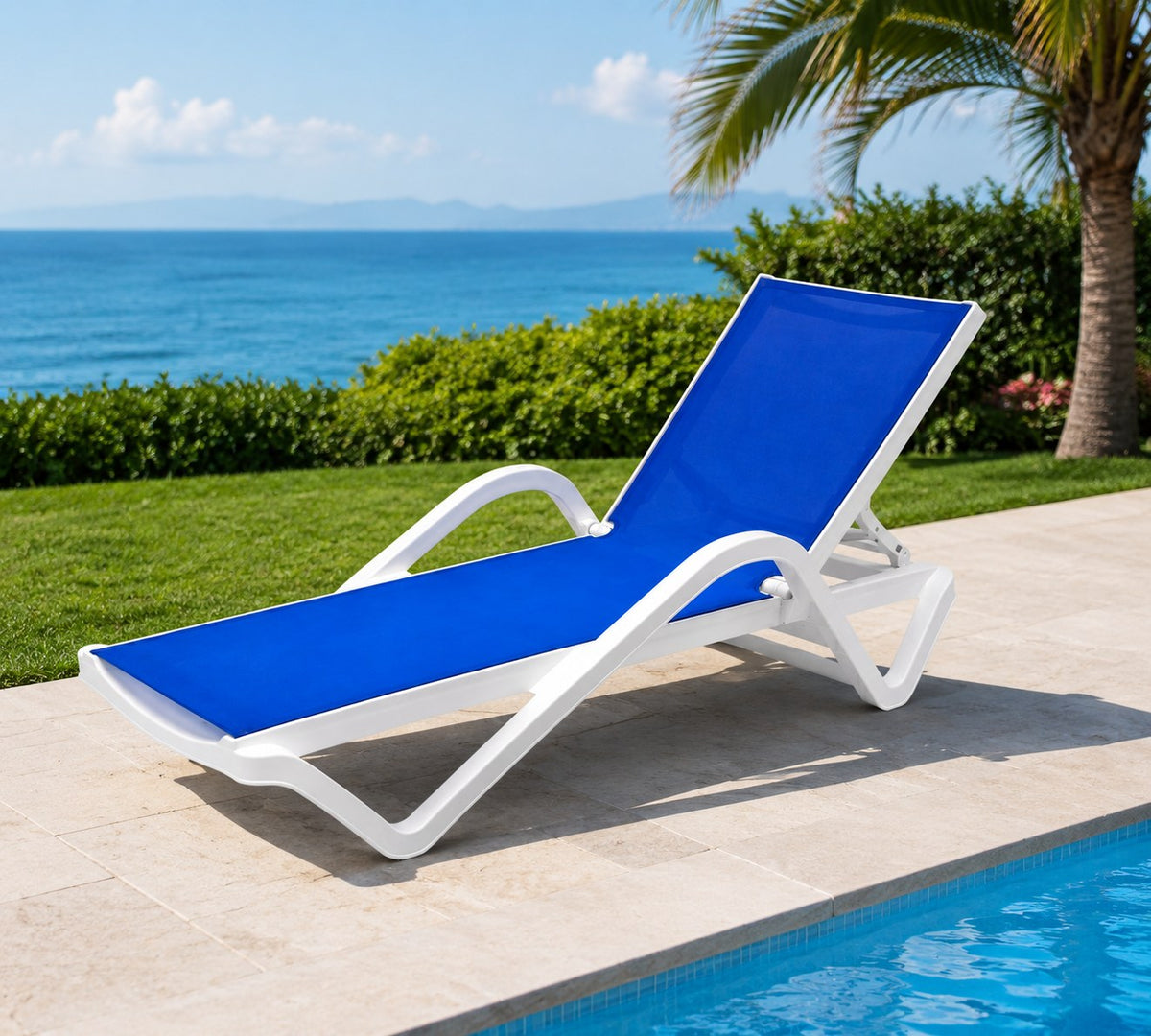 Java Fiberglass Sun Lounger, White Frame & Blue Fabric – poolside with sea view