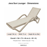 Java Fiberglass Sun Lounger with Textilene Sling Seat – dimensions (Beige)