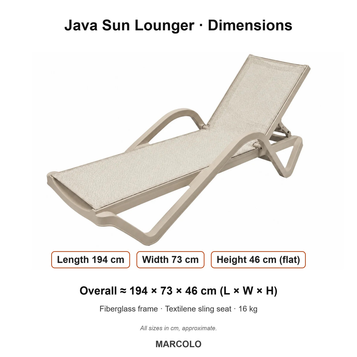 Java Fiberglass Sun Lounger with Textilene Sling Seat – dimensions (Beige)