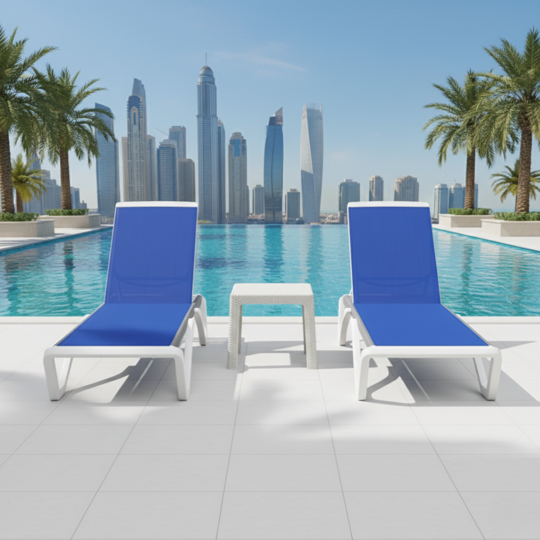 Modern Outdoor Luxury Sun Lounger Set – 2 Textilene Loungers + Side Table, Lightweight & Weather-Resistant (White)