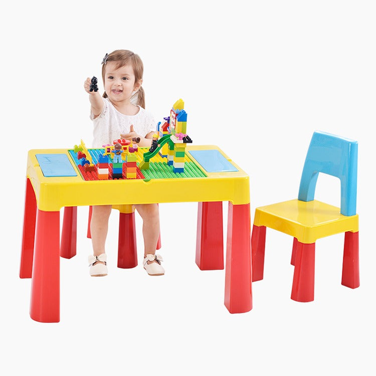 Marcolo kids activity table and chair with building-block top, yellow table with brown legs and blue chair