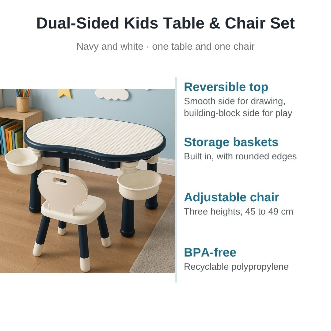 Dual-sided kids table and chair set in navy and white: reversible top, storage baskets, adjustable chair 45 to 49 cm, BPA-free
