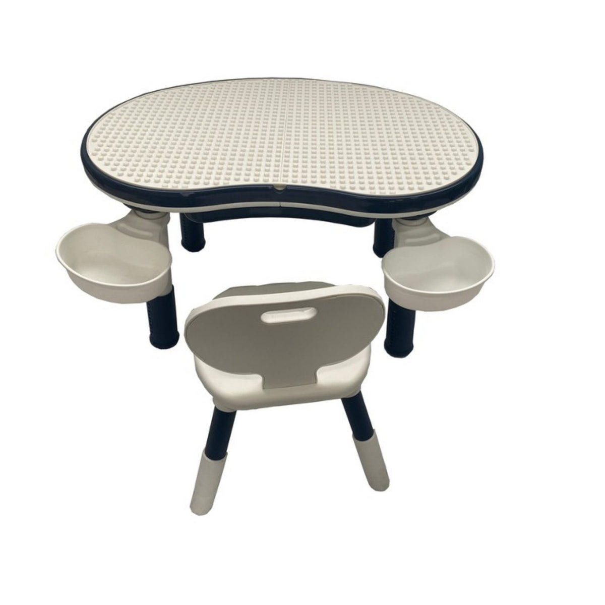 Dual-sided kids table and chair set in navy and white with storage baskets
