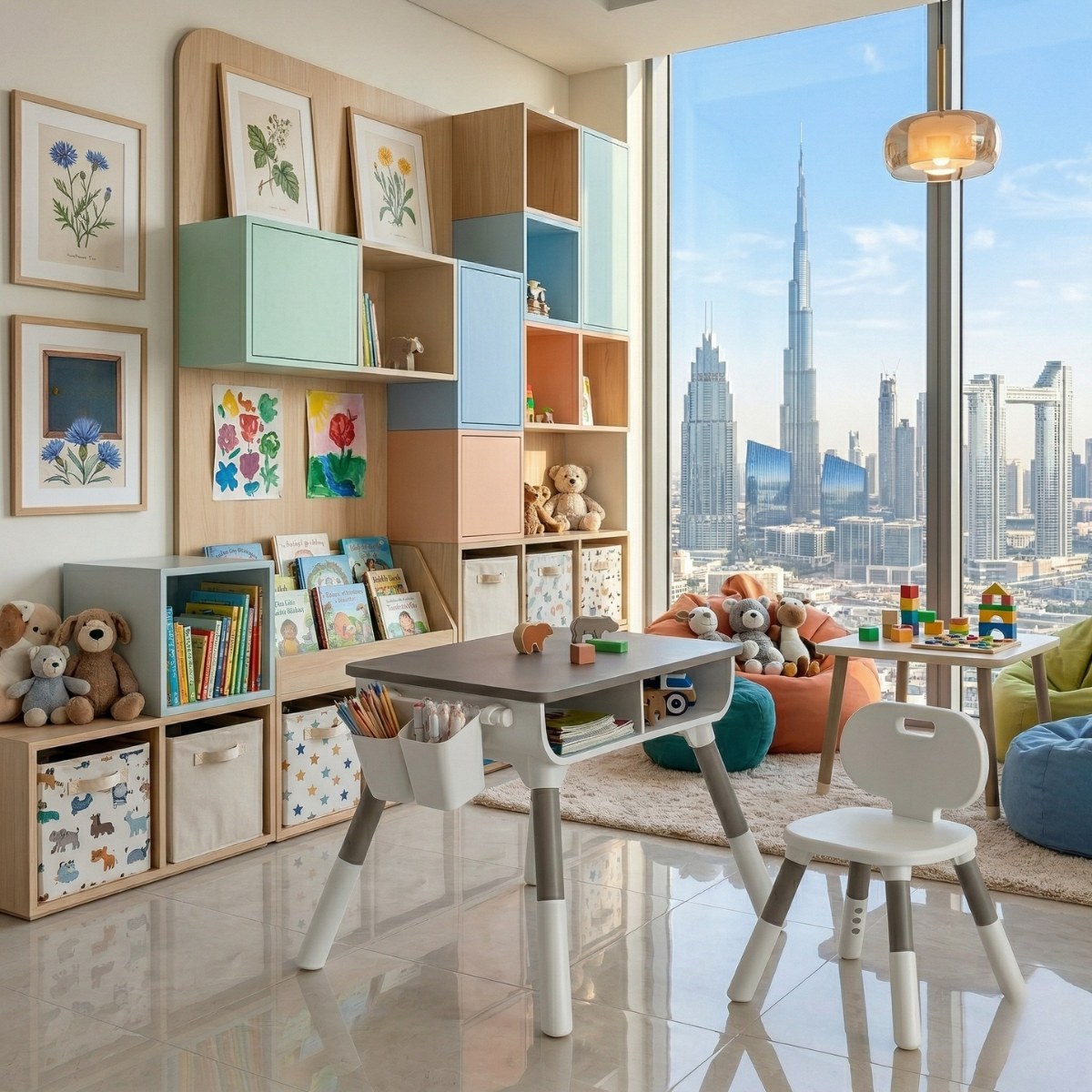 Marcolo height-adjustable kids table and chair set with storage in a playroom with a city view