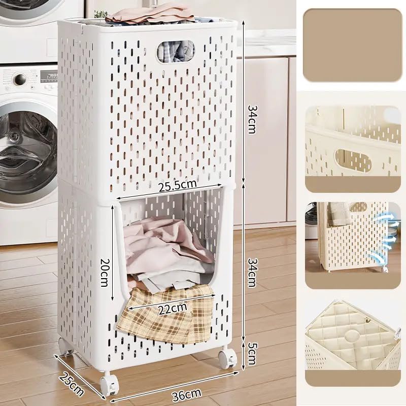2-Layer Foldable Laundry Basket with Wheels