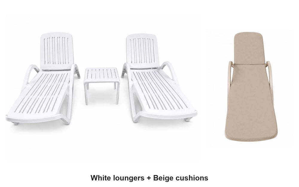 Marcolo Marbella sun lounger set, white, with beige cushions
