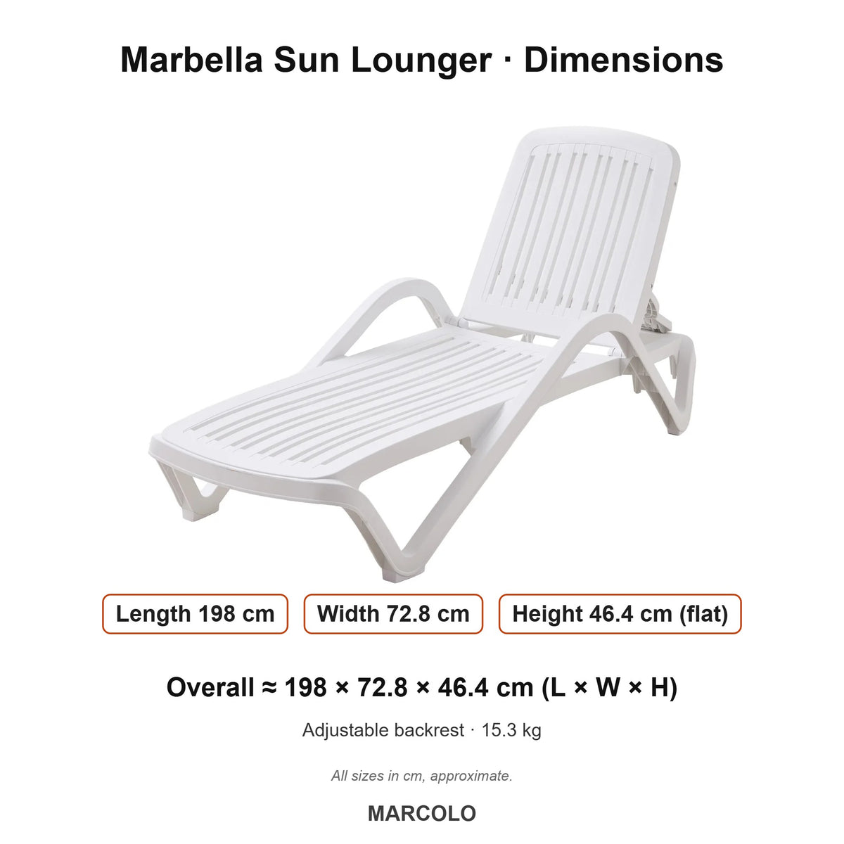 Marbella Sun Lounger – dimensions (White)
