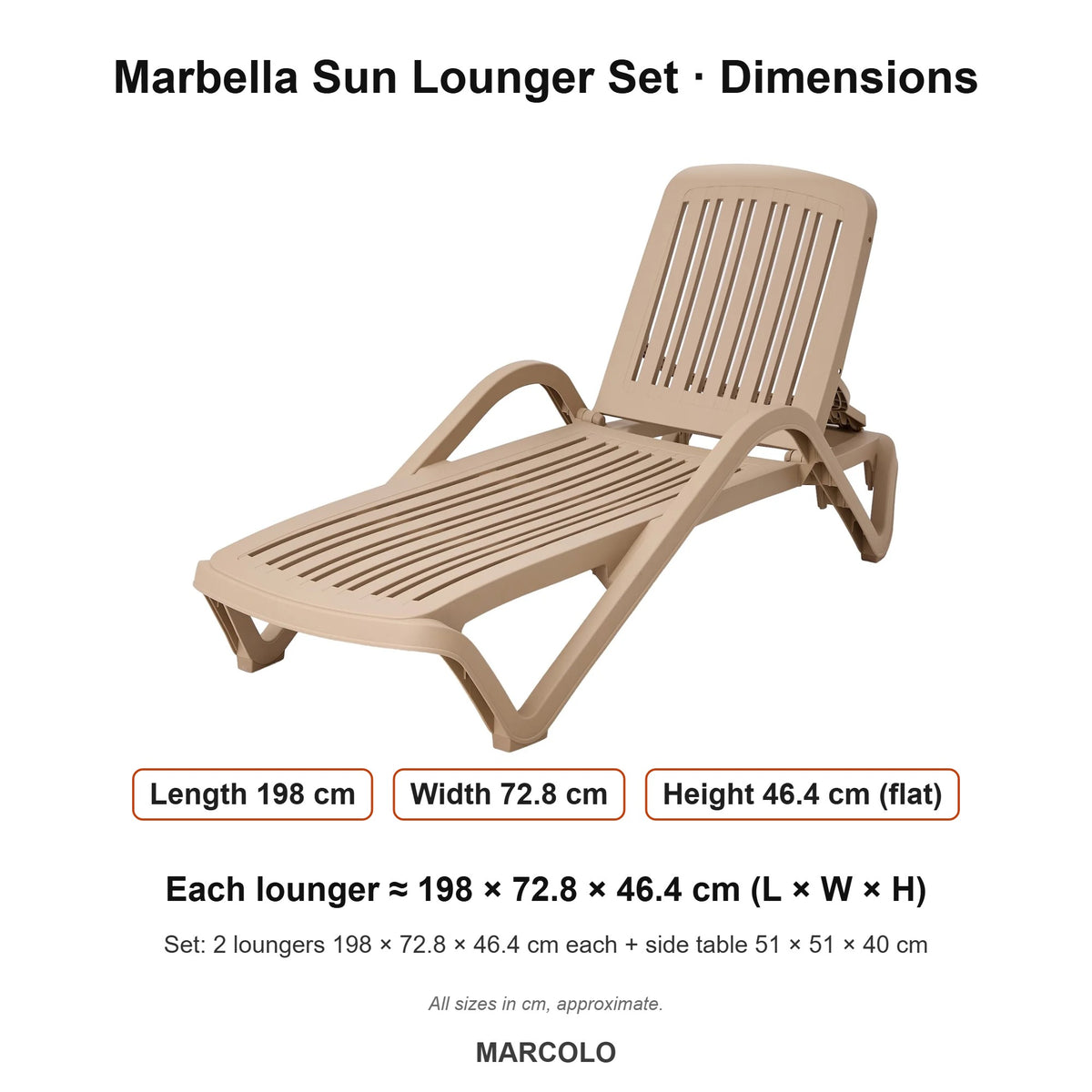 Marbella Sun Lounger Set: 2 Loungers + Side Table – dimensions (Beige)