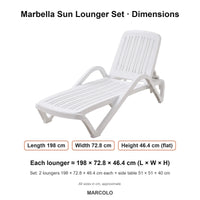 Marbella Sun Lounger Set: 2 Loungers + Side Table – dimensions (White)