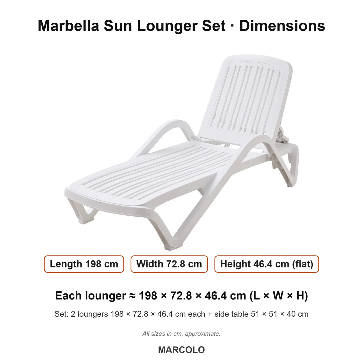 Marbella Sun Lounger Set: 2 Loungers + Side Table – dimensions (White)