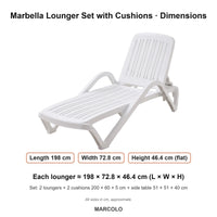 Marbella Sun Lounger Set with Cushions – dimensions (White)