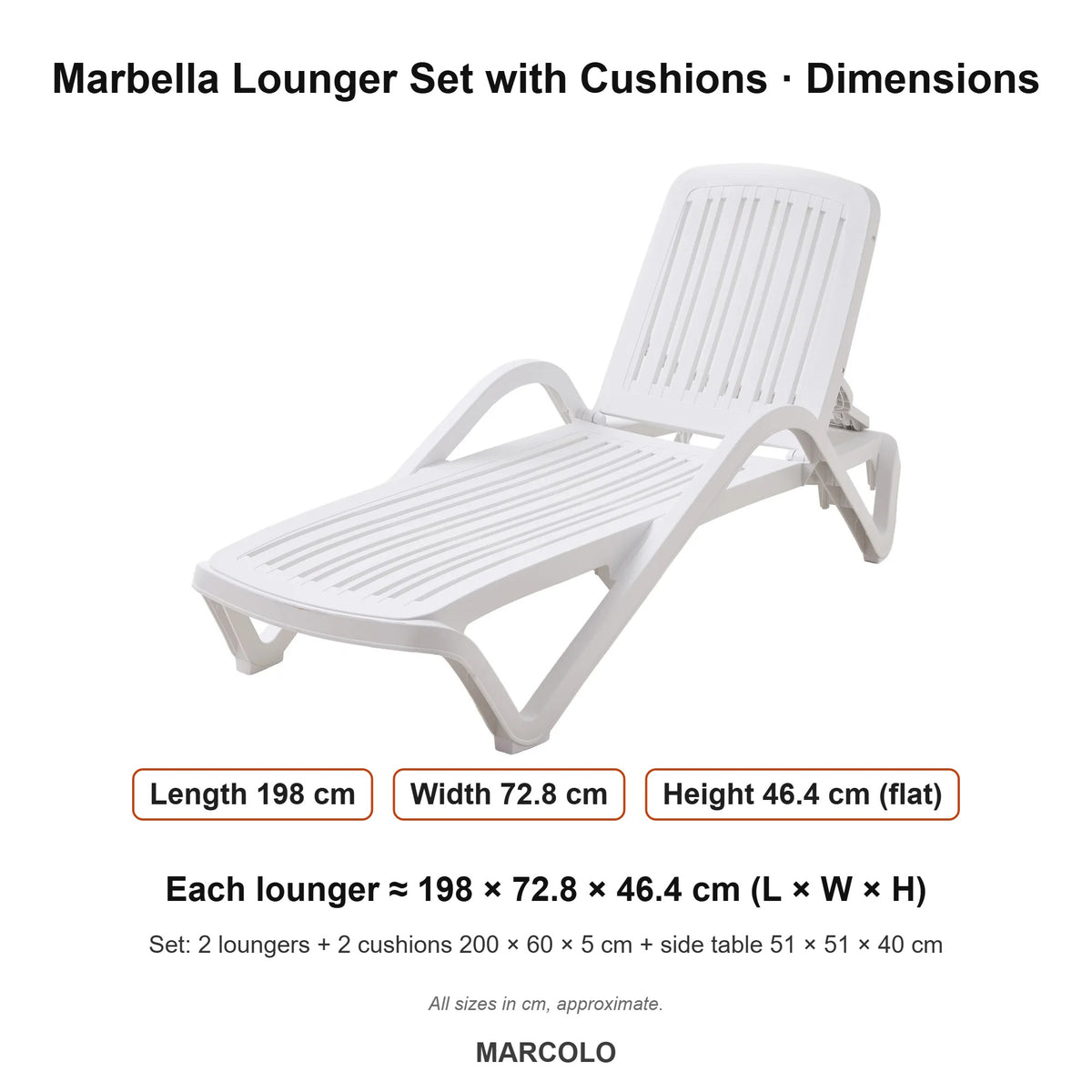 Marbella Sun Lounger Set with Cushions – dimensions (White)