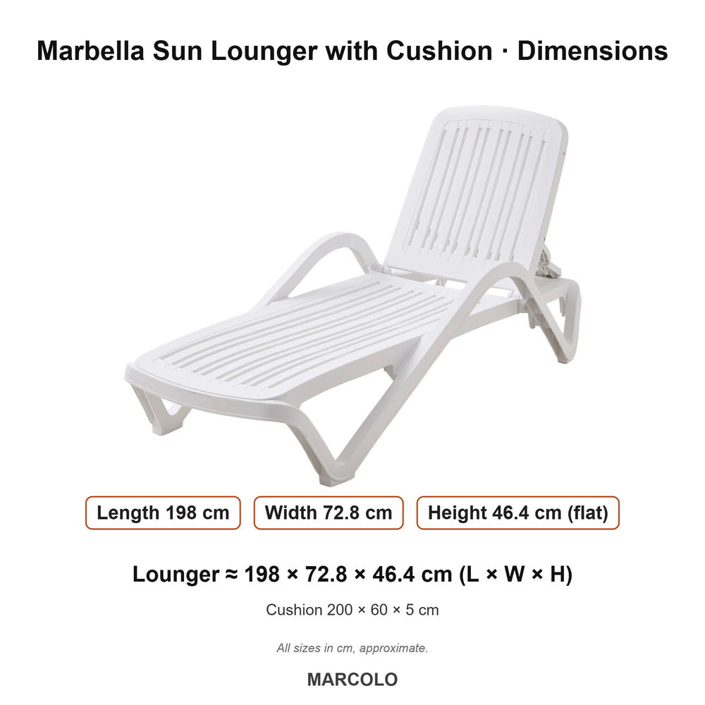 Marbella Sun Lounger with Cushion – dimensions (White)