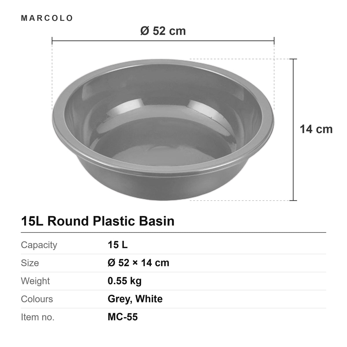 15L round plastic basin dimensions: Ø52 × 14 cm, capacity 15 L