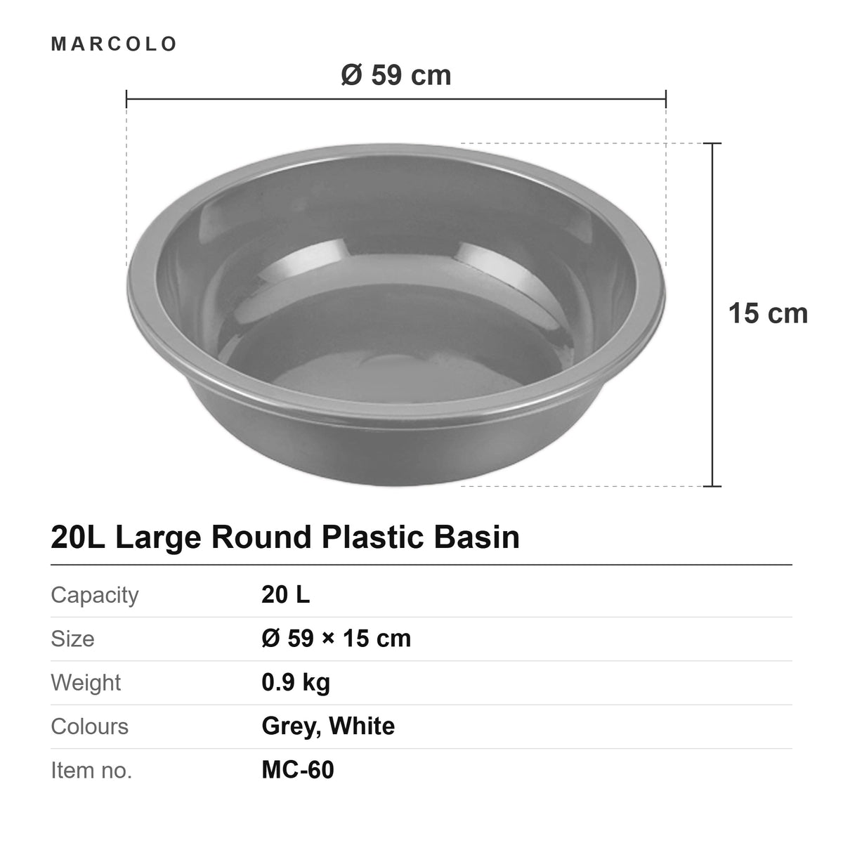 20L large round plastic basin dimensions: Ø59 × 15 cm, capacity 20 L