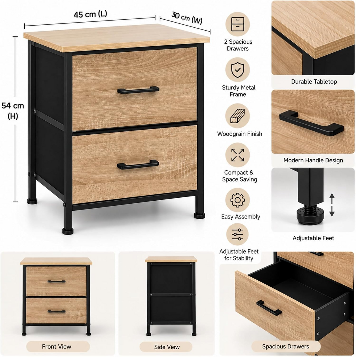 Nova 2-drawer dresser MC-9201 dimensions: 45 cm L x 30 cm W x 54 cm H