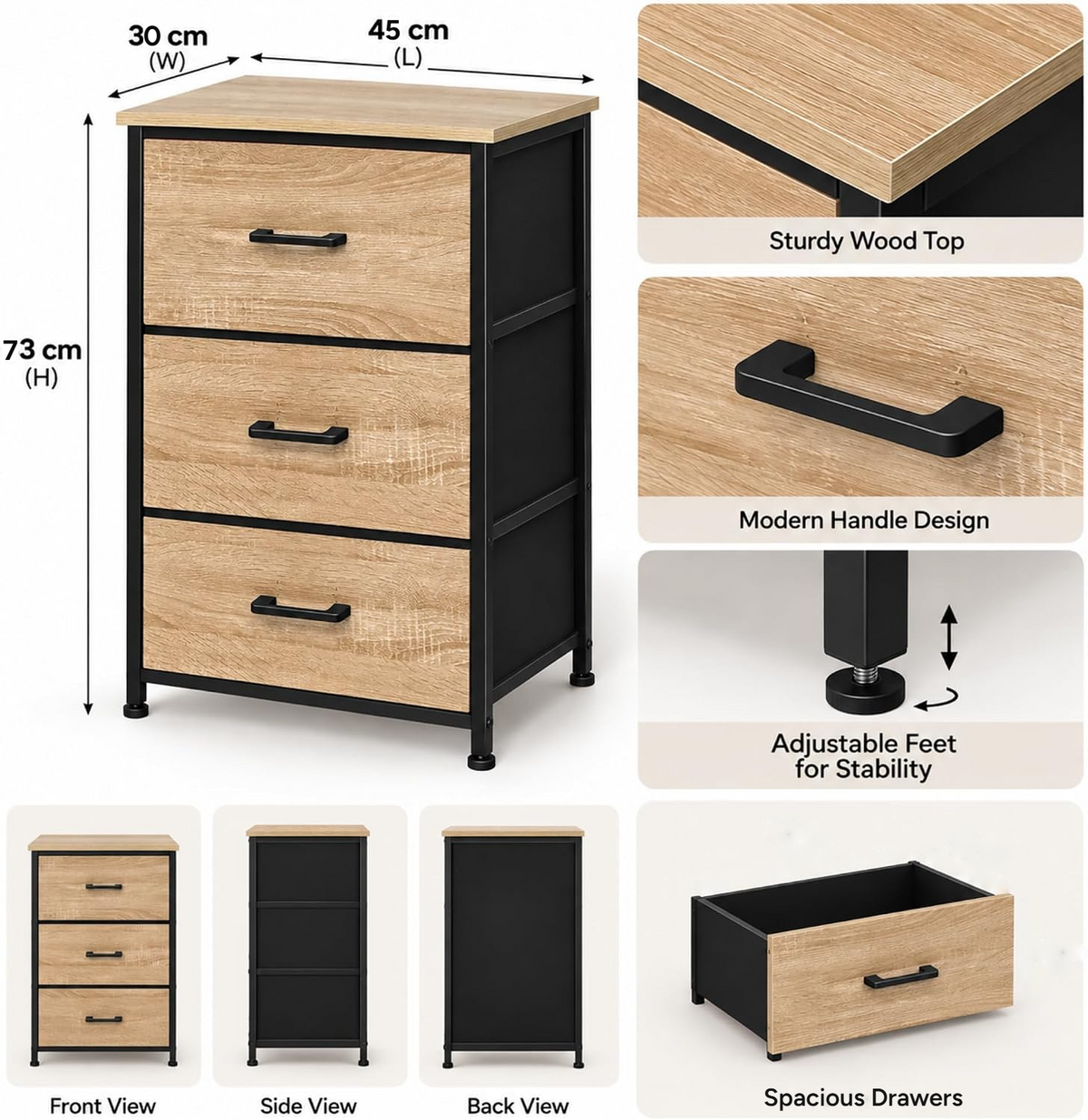 Nova 3-drawer dresser MC-9202 dimensions: 45 cm L x 30 cm W x 73 cm H