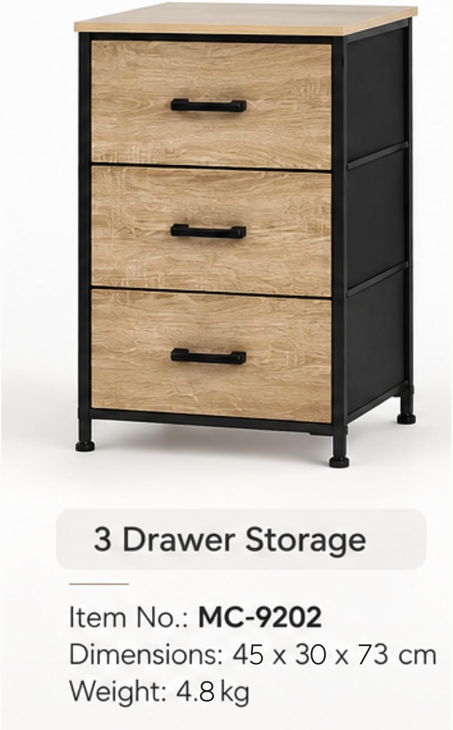 Nova 3-drawer dresser specifications: Item No. MC-9202, 45 x 30 x 73 cm, weight 4.8 kg