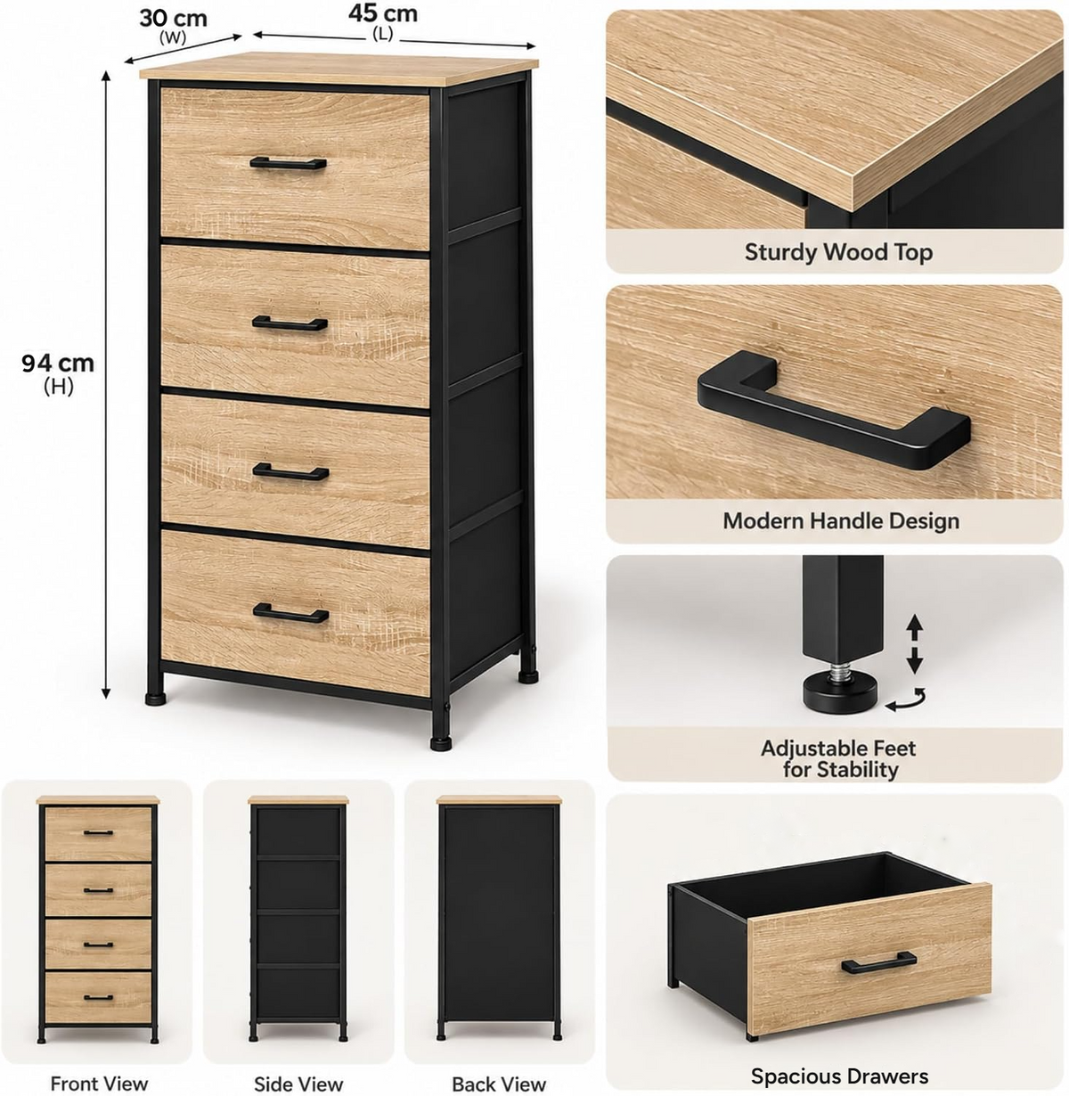 Nova 4-drawer dresser MC-9203 dimensions: 45 cm L x 30 cm W x 94 cm H