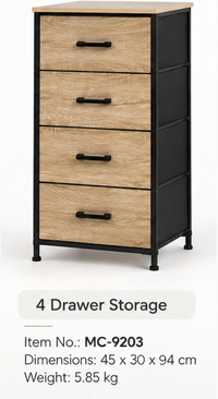 Nova 4-drawer dresser specifications: Item No. MC-9203, 45 x 30 x 94 cm, weight 5.85 kg