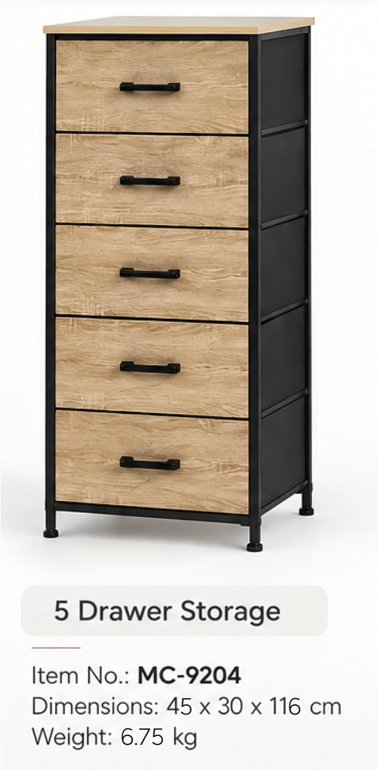 Nova 5-drawer dresser specifications: Item No. MC-9204, 45 x 30 x 116 cm, weight 6.75 kg