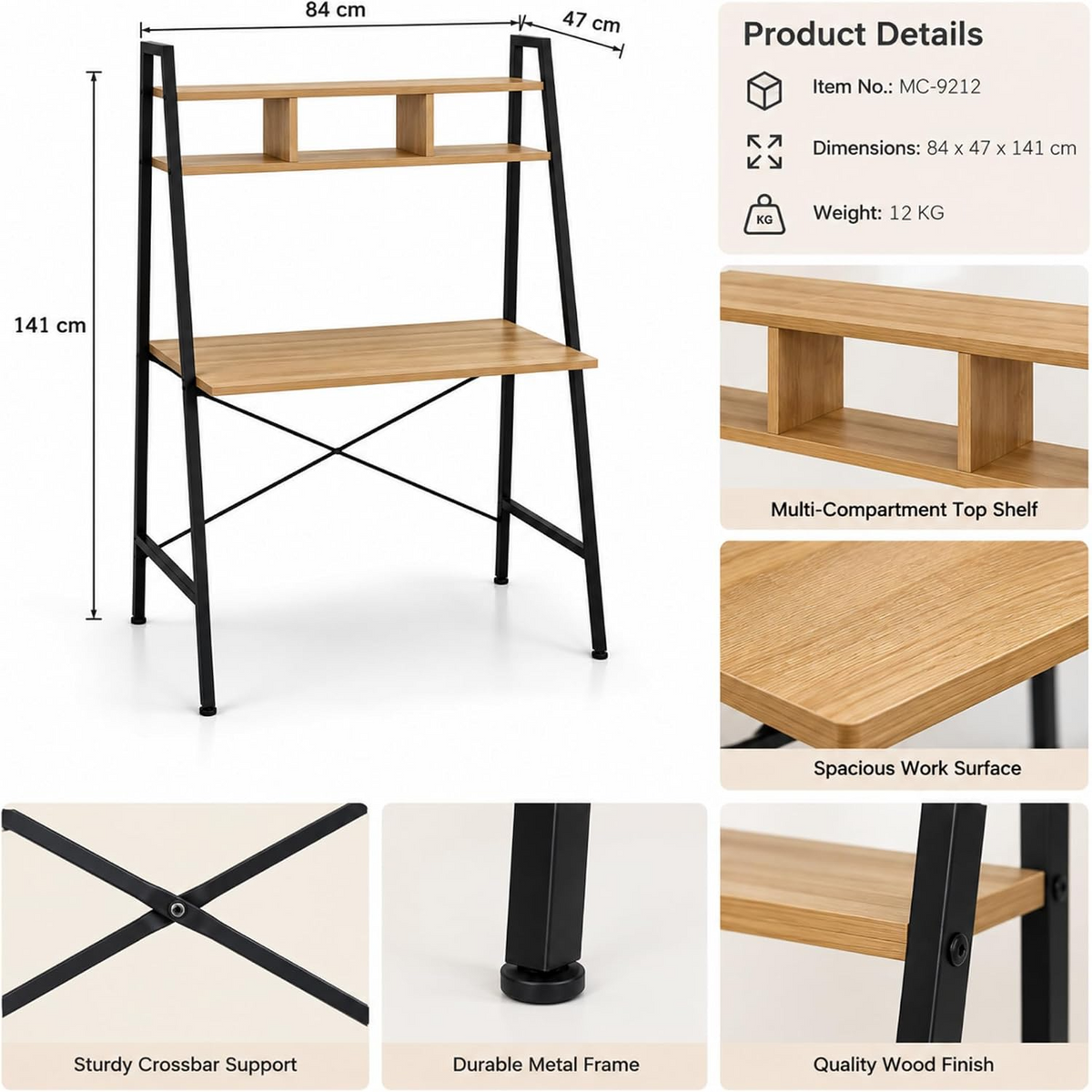 Casa ladder study desk specifications: Item No. MC-9212, 84 x 47 x 141 cm, weight 12 kg