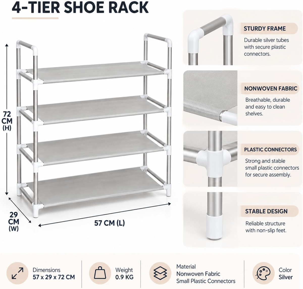 Easy 4-tier non-woven shoe rack MC-9215 specifications: 57 x 29 x 72 cm, weight 0.9 kg