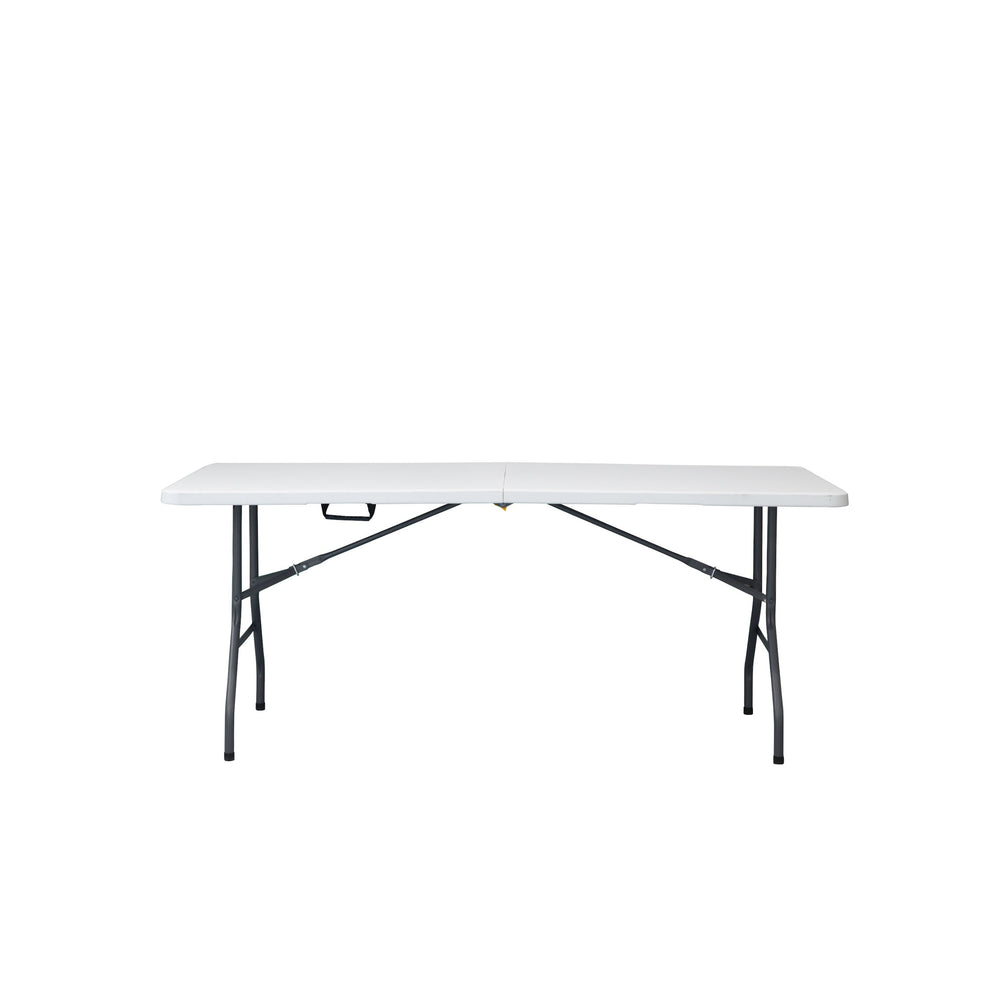 Marcolo 180×74 cm centerfold folding table, white HDPE top, grey steel legs