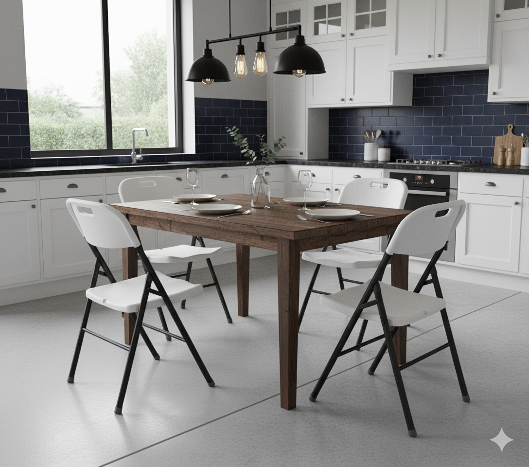 Heavy-Duty Folding Chairs, White, around a kitchen dining table