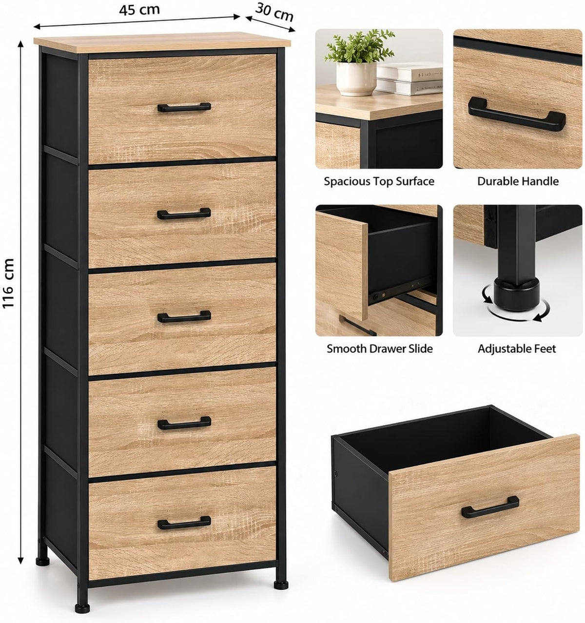 Nova 5-drawer dresser MC-9204 dimensions: 45 cm L x 30 cm W x 116 cm H