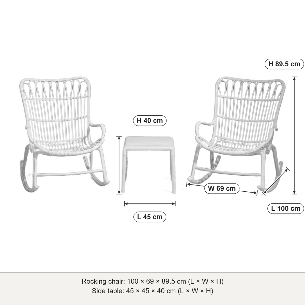Serena outdoor rocking chair set dimensions: rocking chair 100 × 69 × 89.5 cm, side table 45 × 45 × 40 cm (L × W × H)