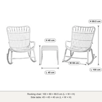 Serena outdoor rocking chair set dimensions: rocking chair 100 × 69 × 89.5 cm, side table 45 × 45 × 40 cm (L × W × H)