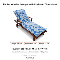 Phuket Wooden Sun Lounger with Leaf-Print Cushion – dimensions (Blue Leaf)