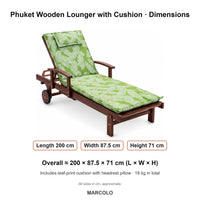 Phuket Wooden Sun Lounger with Leaf-Print Cushion – dimensions (Green Leaf)