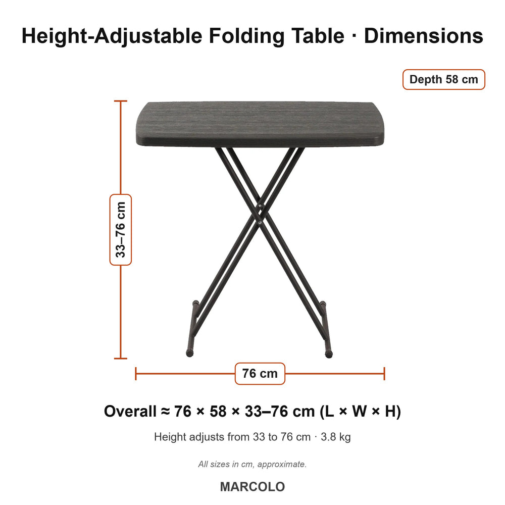 Rectangular Height-Adjustable Folding Table – dimensions