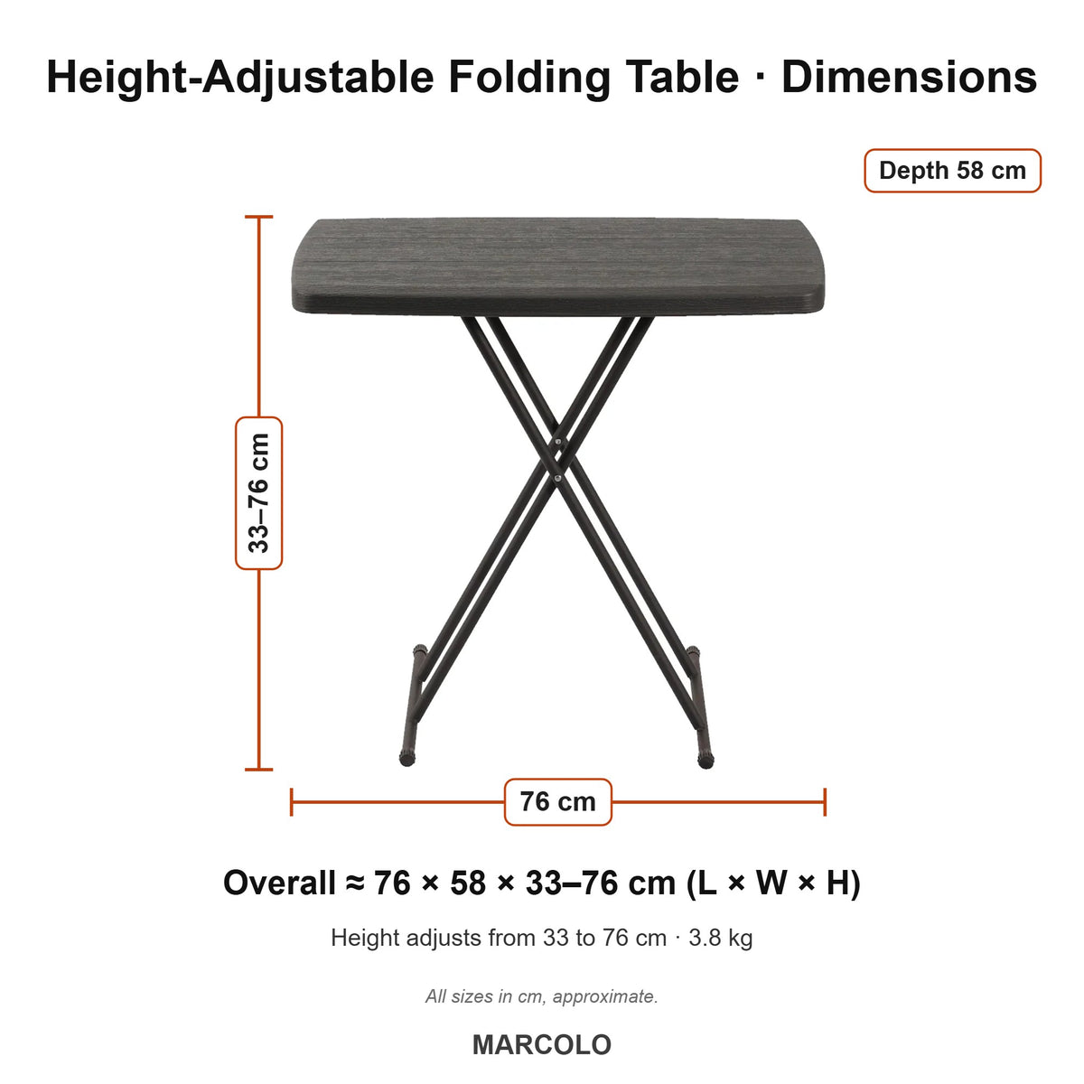 Rectangular Height-Adjustable Folding Table – dimensions