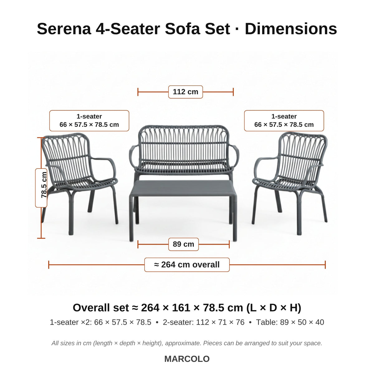 Serena 4-seater outdoor set dimensions – Grey