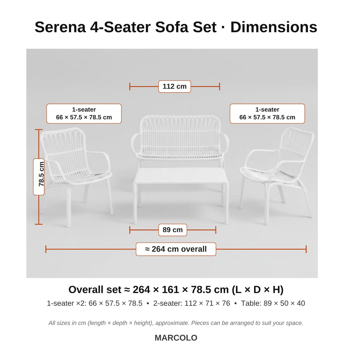 Serena 4-seater outdoor set dimensions – White