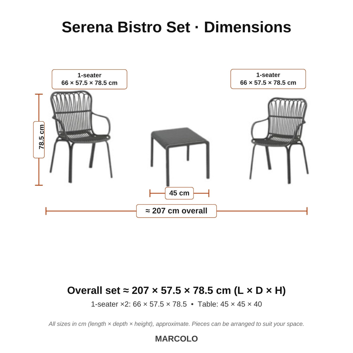 Serena bistro set dimensions – Grey