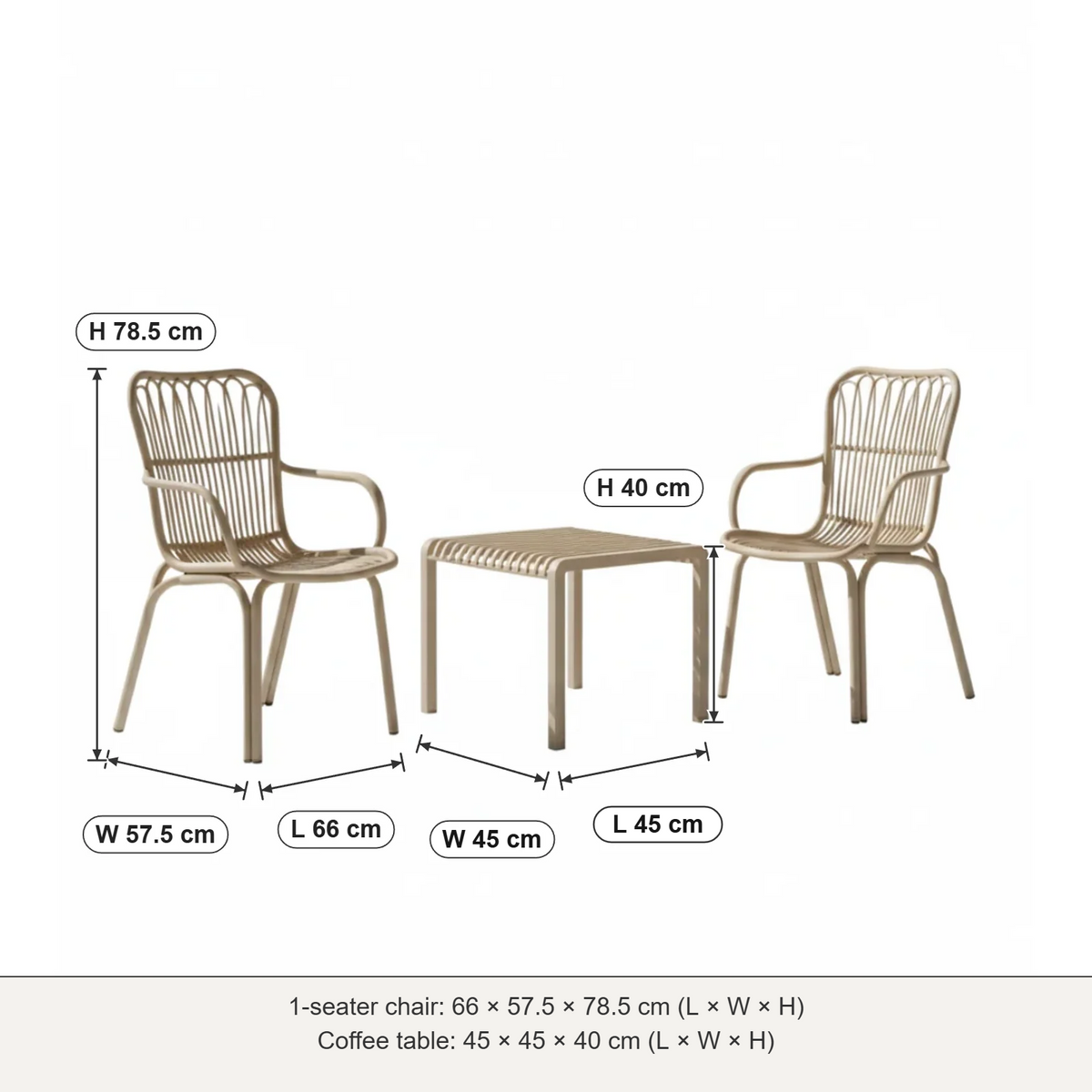 Serena outdoor bistro set dimensions: 1-seater 66 × 57.5 × 78.5 cm, table 45 × 45 × 40 cm (L × W × H)
