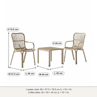 Serena outdoor bistro set dimensions: 1-seater 66 × 57.5 × 78.5 cm, table 45 × 45 × 40 cm (L × W × H)