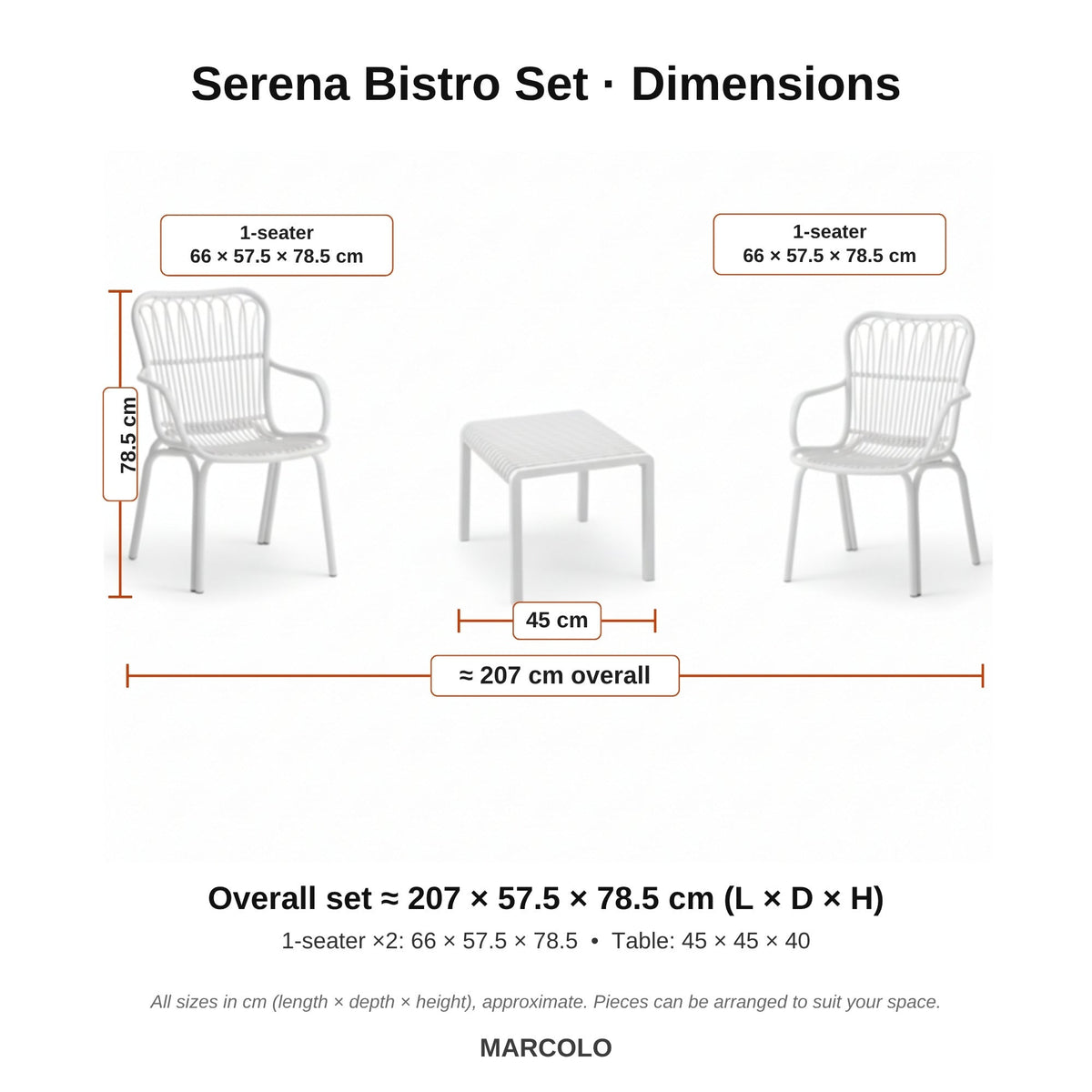 Serena bistro set dimensions – White