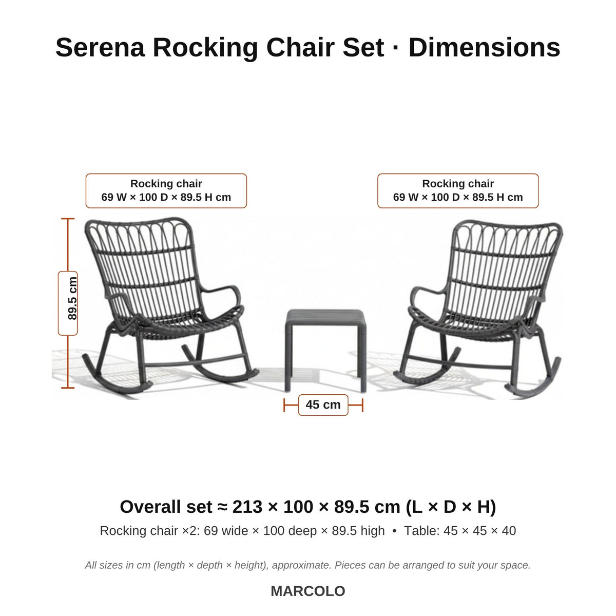 Serena rocking chair set dimensions – Grey