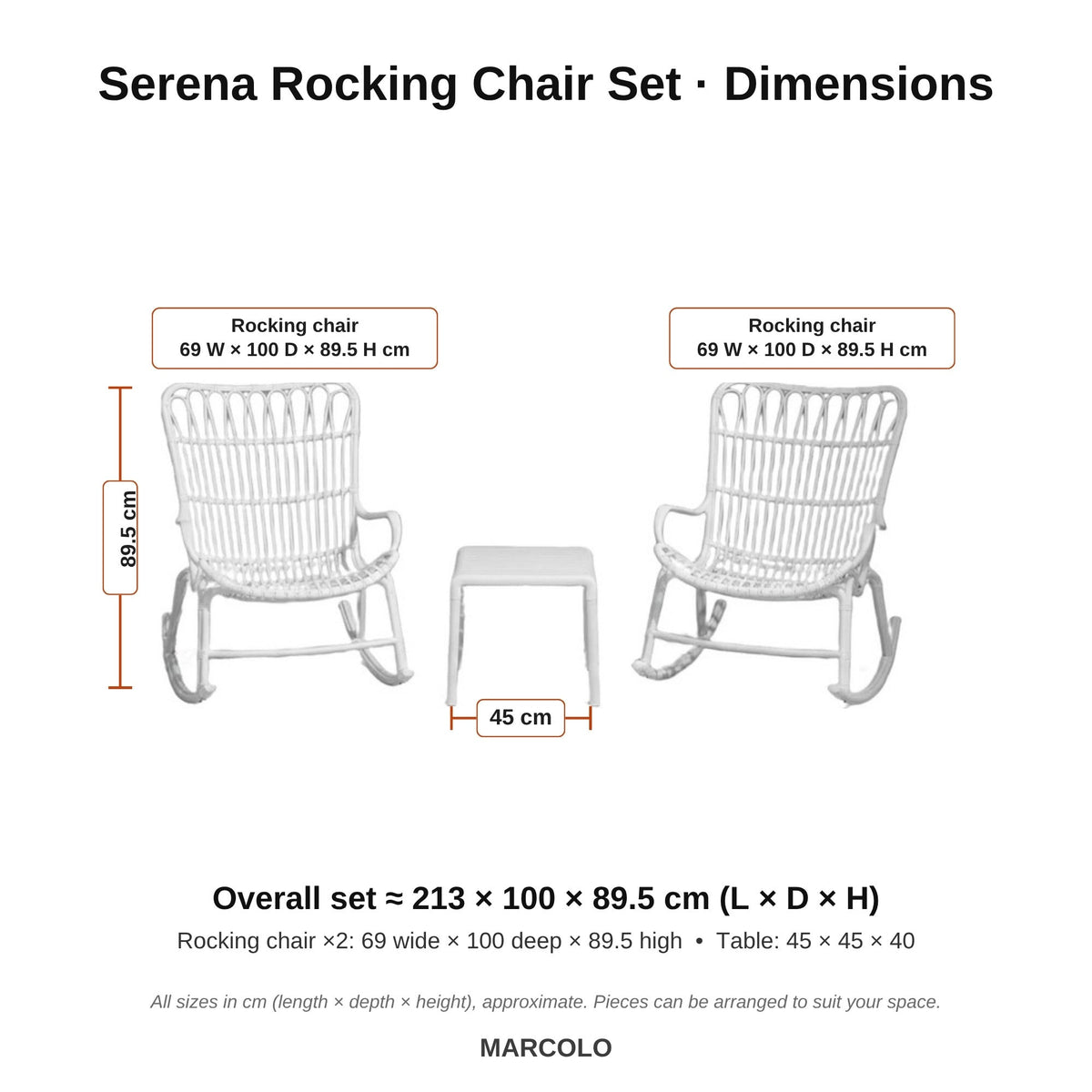 Serena rocking chair set dimensions – White