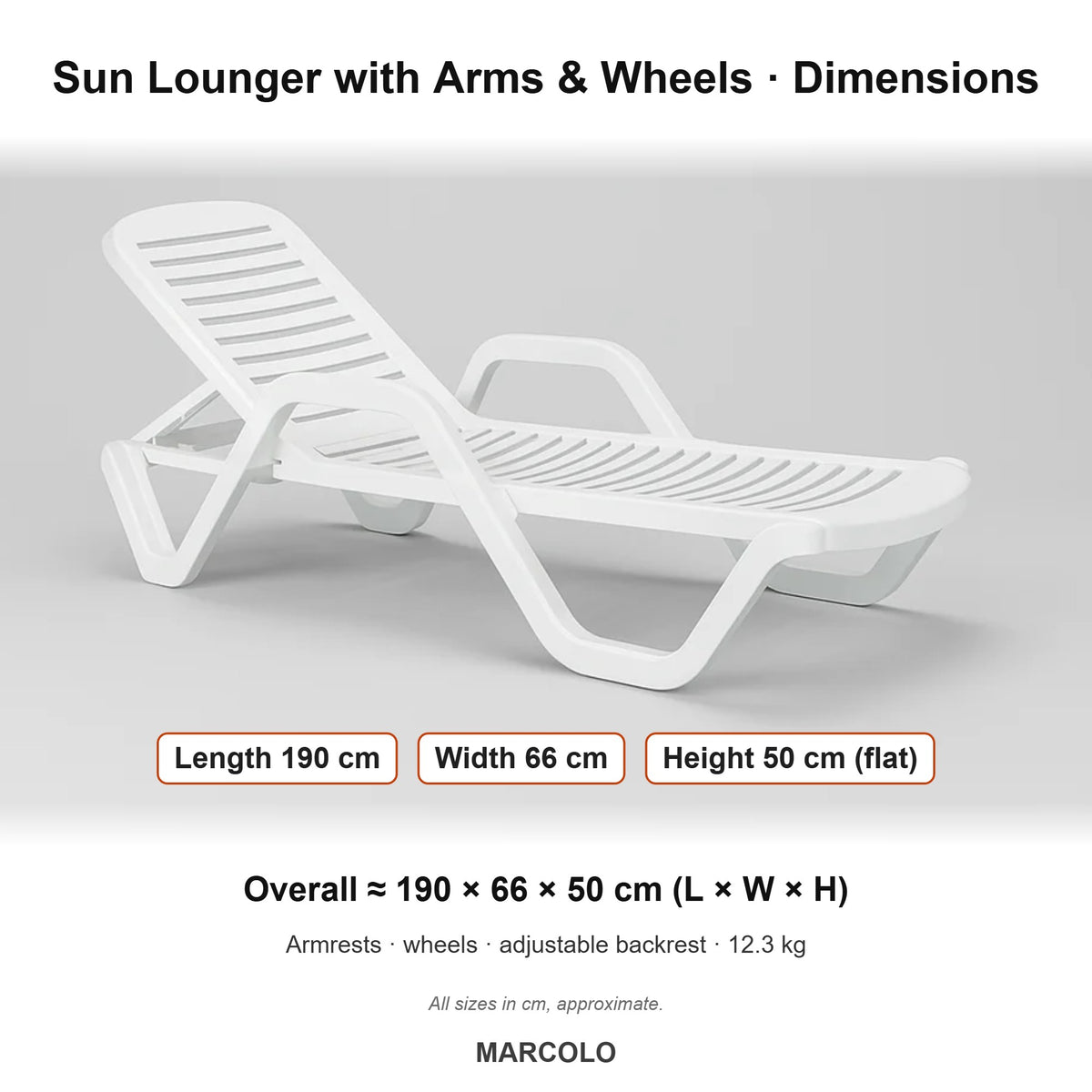 Sun Lounger with Arms & Wheels – dimensions