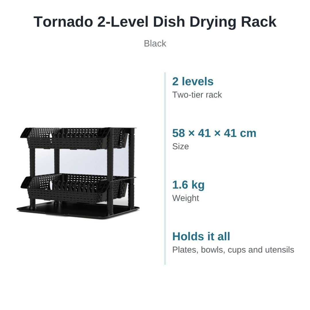 Tornado 2-level dish drying rack in black: 2 levels, 58 × 41 × 41 cm, 1.6 kg, holds plates, bowls, cups and utensils